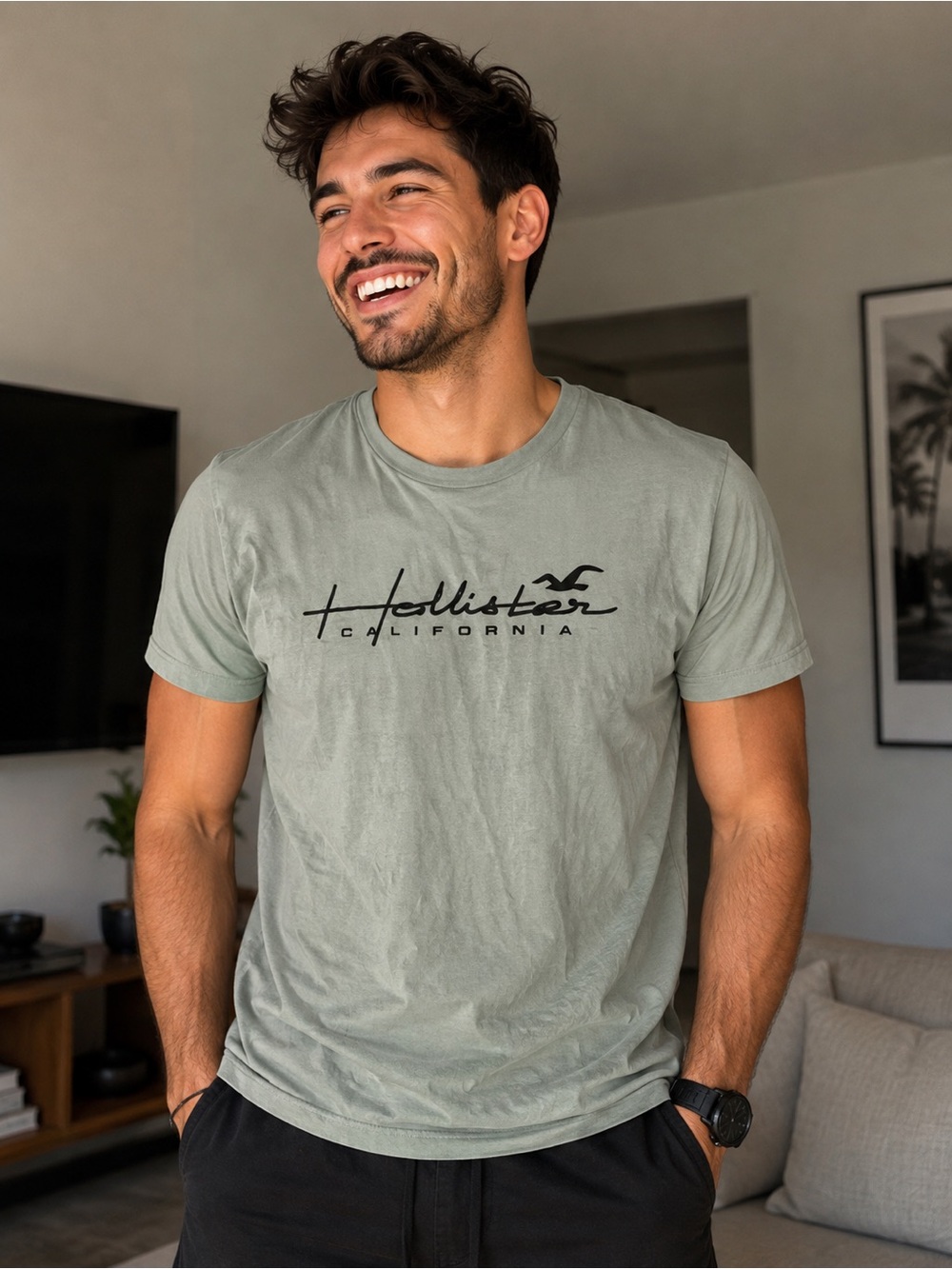 Hollister Men’s Light Sage Crew Neck Logo Tee